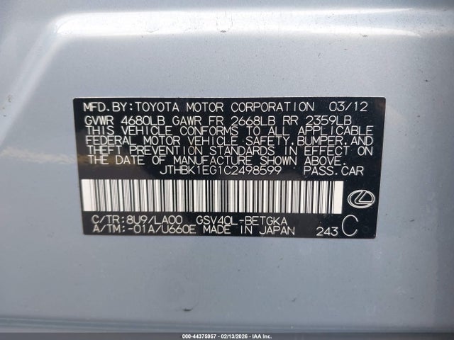 Aukcja sprzedaży 2012 Lexus Es 350, vin: JTHBK1EG1C2498599, numer aukcji: 44375957