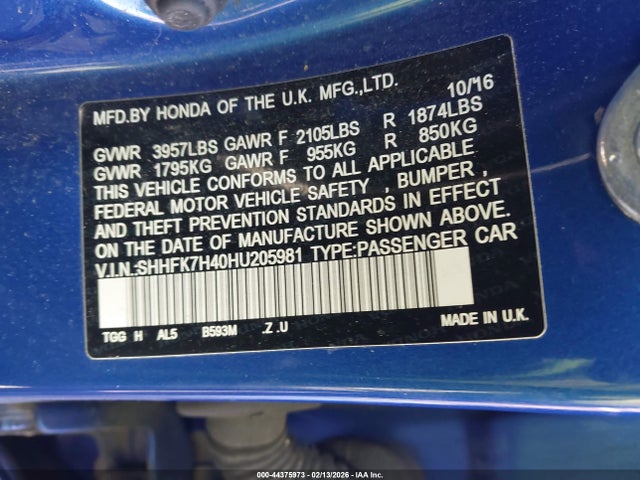 Aukcja sprzedaży 2017 Honda Civic Sport, vin: SHHFK7H40HU205981, numer aukcji: 44375973