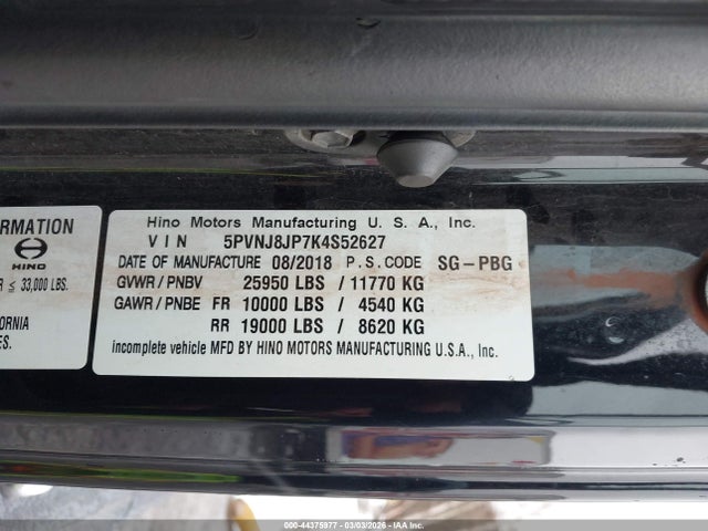 2019 Hino 258/268 მანქანა იყიდება აუქციონზე, vin: 5PVNJ8JP7K4S52627, აუქციონის ნომერი: 44375977