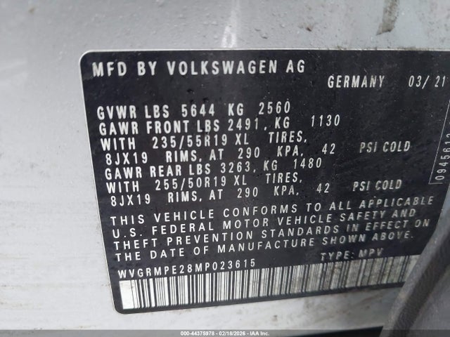 Aukcja sprzedaży 2021 Volkswagen Id.4 Pro, vin: WVGRMPE28MP023615, numer aukcji: 44375978