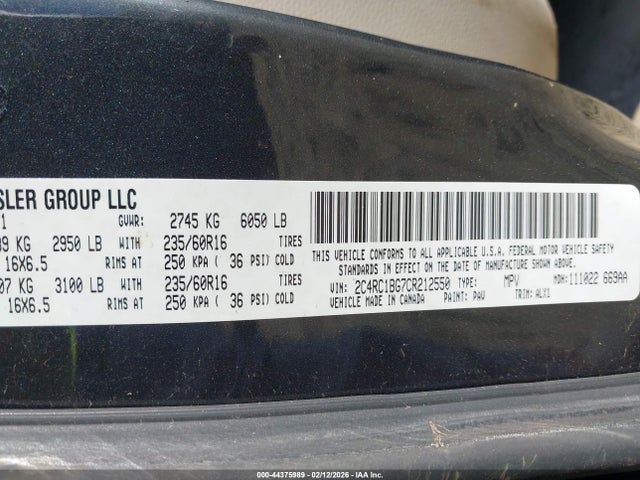 44375989 :رقم المزاد ، 2C4RC1BG7CR212550 vin ، 2012 Chrysler Town & Country Touring مزاد بيع
