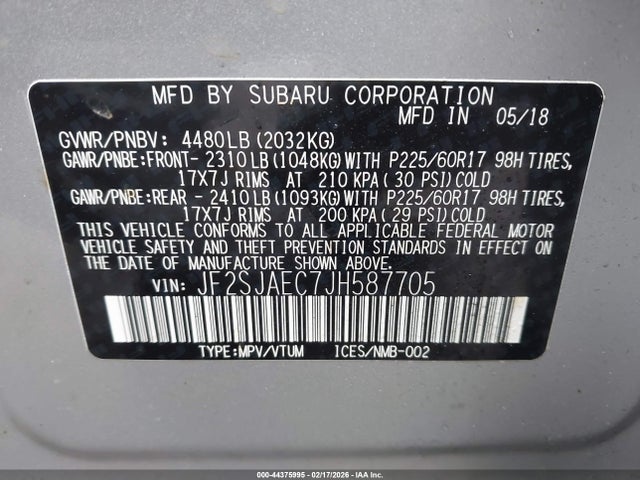 2018 Subaru Forester 2.5i Premium მანქანა იყიდება აუქციონზე, vin: JF2SJAEC7JH587705, აუქციონის ნომერი: 44375995