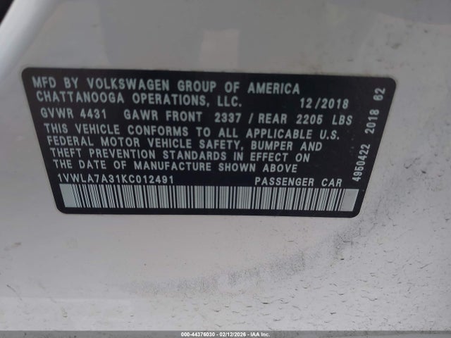 Продаж на аукціоні авто 2019 Volkswagen Passat 2.0t Wolfsburg Edition, vin: 1VWLA7A31KC012491, номер лоту: 44376030