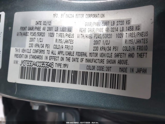 Продаж на аукціоні авто 2012 Mazda Cx-9 Grand Touring, vin: JM3TB3DA4C0353946, номер лоту: 44376052