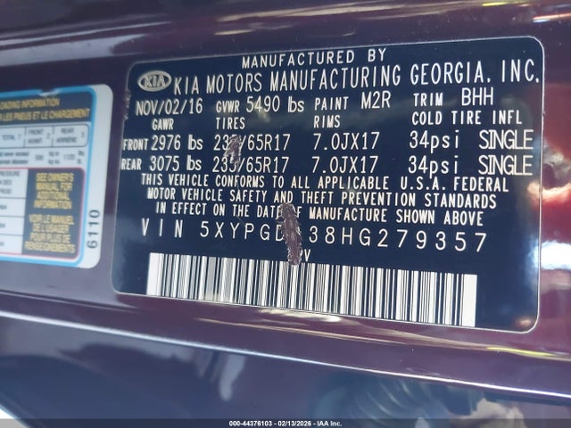 5XYPGDA38HG279357 KIA Sorento 2.4l Lx