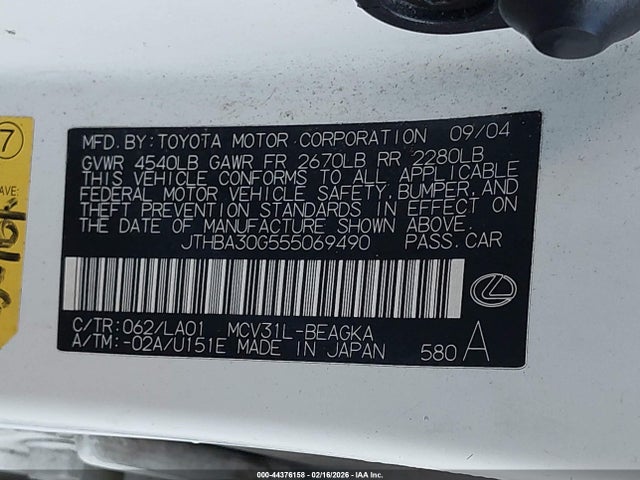 Продажа на аукционе авто 2005 Lexus Es 330, vin: JTHBA30G555069490, номер лота: 44376158