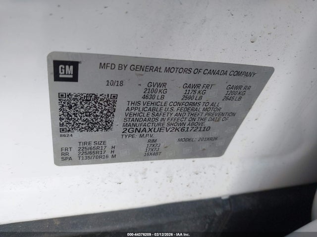 Aukcja sprzedaży 2019 Chevrolet Equinox Lt, vin: 2GNAXUEV2K6172110, numer aukcji: 44376209