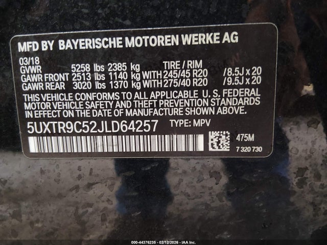 Продаж на аукціоні авто 2018 Bmw X3 Xdrive30i, vin: 5UXTR9C52JLD64257, номер лоту: 44376235