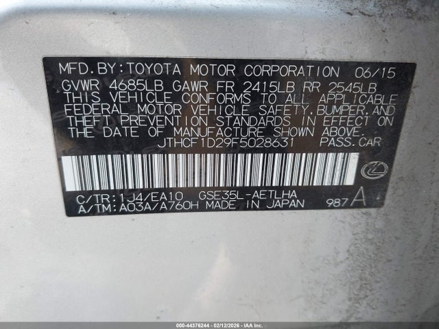 44376244 :رقم المزاد ، JTHCF1D29F5028631 vin ، 2015 Lexus Is 250 مزاد بيع