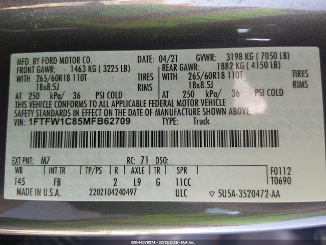 1FTFW1C85MFB62709 Ford F-150 Xlt