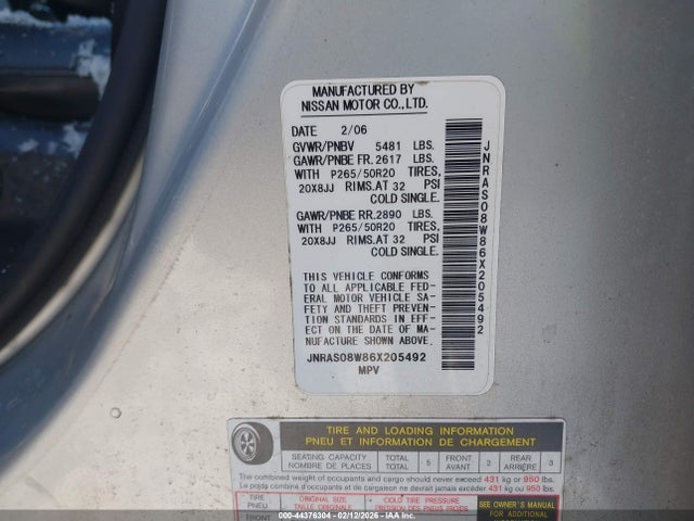 Aukcja sprzedaży 2006 Infiniti Fx35, vin: JNRAS08W86X205492, numer aukcji: 44376304