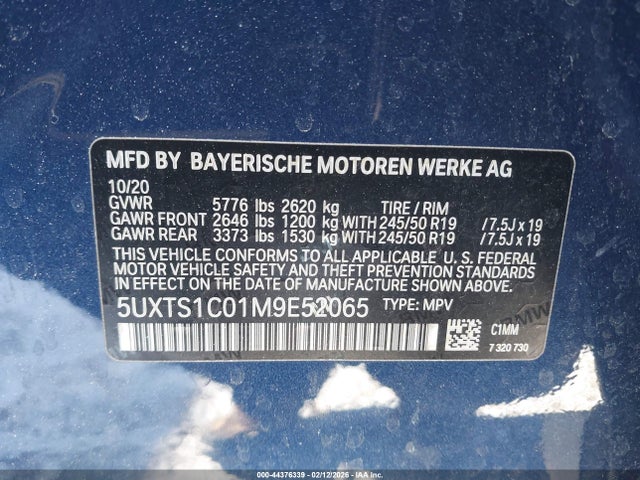 44376339 :رقم المزاد ، 5UXTS1C01M9E52065 vin ، 2021 Bmw X3 Phev Xdrive30e مزاد بيع