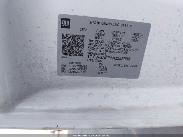 1GCWGAFP5N1155080 Chevrolet Express Cargo Rwd 2500 Regular Wheelbase Wt