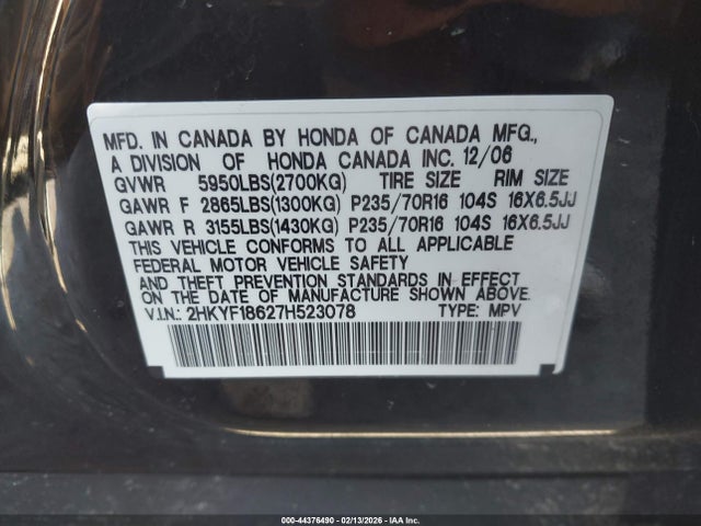 44376490 :رقم المزاد ، 2HKYF18627H523078 vin ، 2007 Honda Pilot Ex-l مزاد بيع