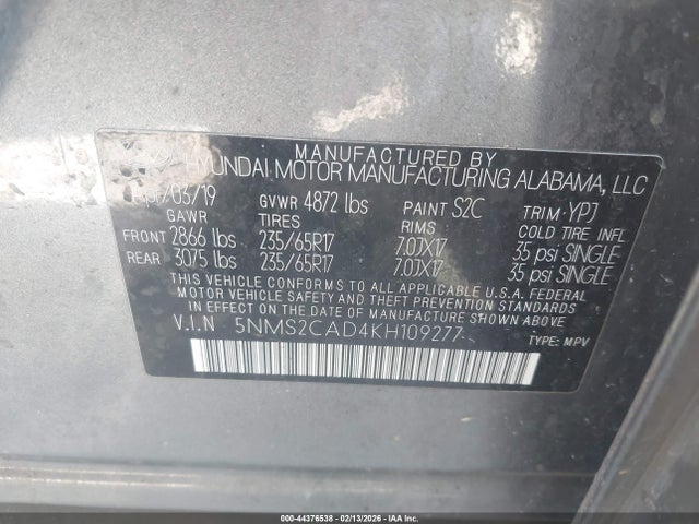2019 HYUNDAI SANTA FE 5NMS2CAD4KH109277 Photo 8