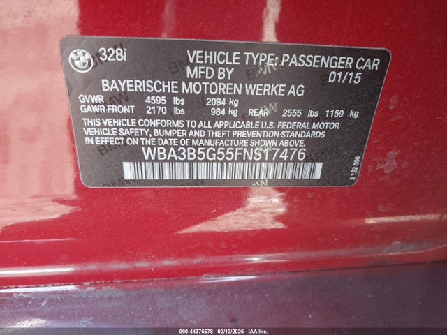 2015 Bmw 328i Xdrive მანქანა იყიდება აუქციონზე, vin: WBA3B5G55FNS17476, აუქციონის ნომერი: 44376578