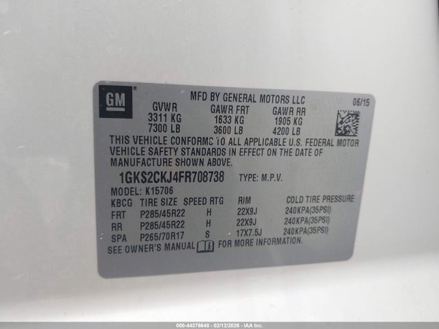 2015 Gmc Yukon Denali მანქანა იყიდება აუქციონზე, vin: 1GKS2CKJ4FR708738, აუქციონის ნომერი: 44376648