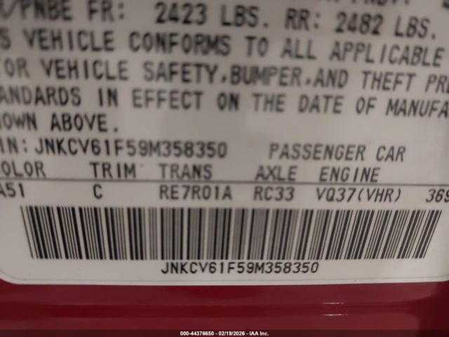 Продажа на аукционе авто 2009 Infiniti G37x, vin: JNKCV61F59M358350, номер лота: 44376650