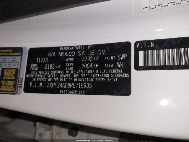 Aukcja sprzedaży 2024 Kia Forte Lxs, vin: 3KPF24AD8RE719935, numer aukcji: 44376659