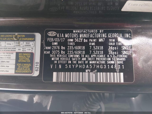 5XYPHDA57HG314811 KIA Sorento 3.3l Ex