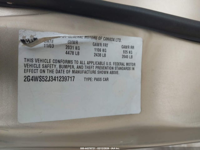 2004 Buick Century მანქანა იყიდება აუქციონზე, vin: 2G4WS52J341239717, აუქციონის ნომერი: 44376721