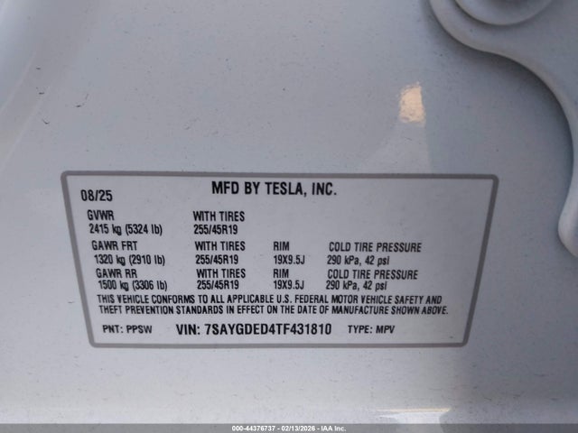 Продажа на аукционе авто 2026 Tesla Model Y Premium Rear-wheel Drive/standard Rear-wheel Drive, vin: 7SAYGDED4TF431810, номер лота: 44376737