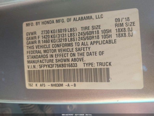 Honda Ridgeline Rtl-e 2019 5FPYK3F76KB016833 Image 9
