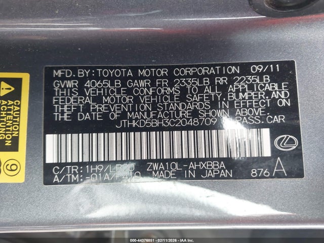 Продаж на аукціоні авто 2012 Lexus Ct 200h Premium, vin: JTHKD5BH3C2048709, номер лоту: 44376851