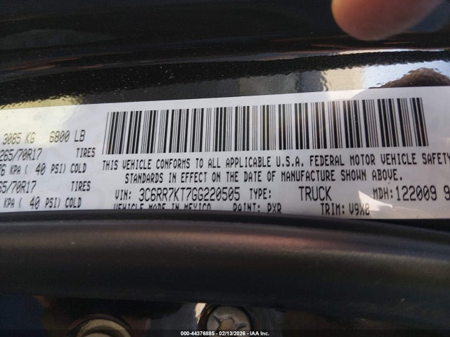 44376885 :رقم المزاد ، 3C6RR7KT7GG220505 vin ، 2016 Ram 1500 Tradesman مزاد بيع