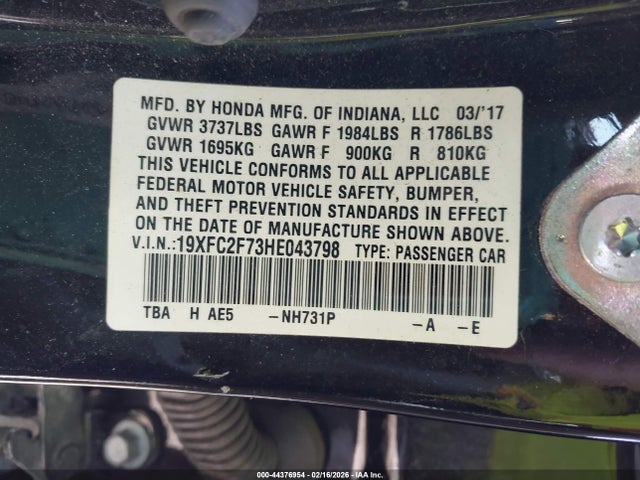 44376954 :رقم المزاد ، 19XFC2F73HE043798 vin ، 2017 Honda Civic Ex مزاد بيع