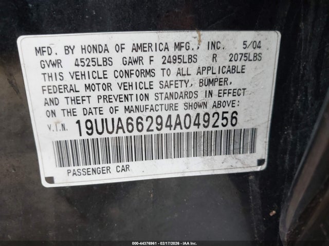 44376961 :رقم المزاد ، 19UUA66294A049256 vin ، 2004 Acura Tl مزاد بيع