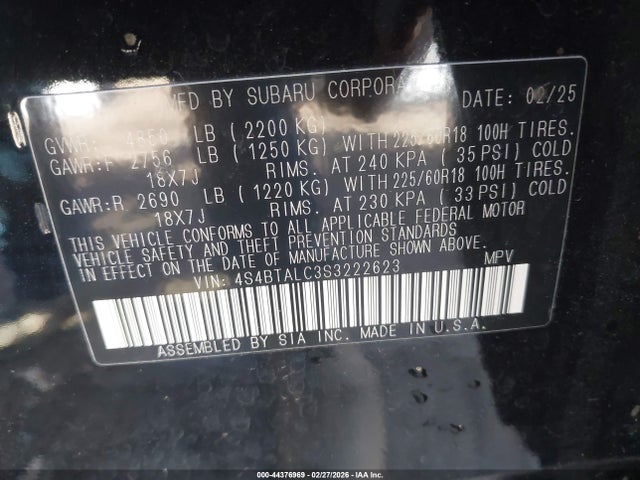4S4BTALC3S3222623 Subaru Outback Onyx Edition