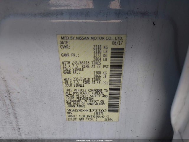 44377028 :رقم المزاد ، 5N1AZ2MGXHN173502 vin ، 2017 Nissan Murano S مزاد بيع