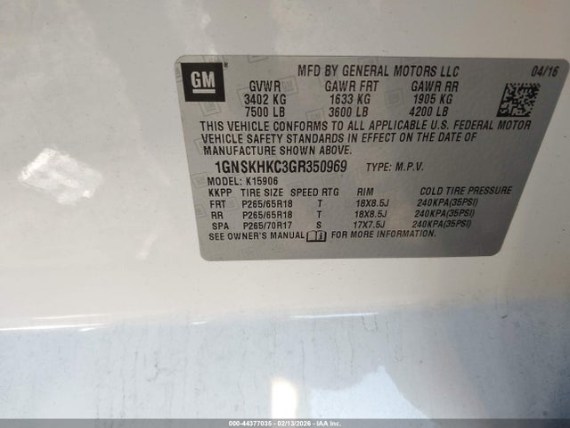 Aukcja sprzedaży 2016 Chevrolet Suburban Lt, vin: 1GNSKHKC3GR350969, numer aukcji: 44377035