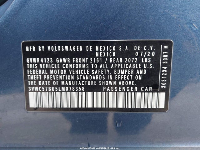 2020 Volkswagen Jetta 1.4t R-line/1.4t S/1.4t Se მანქანა იყიდება აუქციონზე, vin: 3VWC57BU5LM078358, აუქციონის ნომერი: 44377036