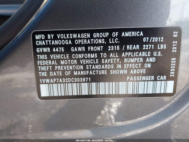 Продажа на аукционе авто 2013 Volkswagen Passat 2.5l S, vin: 1VWAP7A32DC003971, номер лота: 44377106