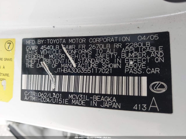 Aukcja sprzedaży 2005 Lexus Es 330, vin: JTHBA30G355117021, numer aukcji: 44377125