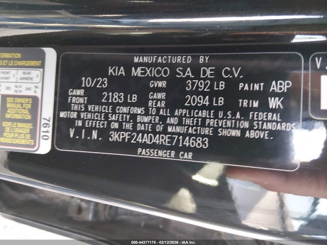 2024 Kia Forte Lxs მანქანა იყიდება აუქციონზე, vin: 3KPF24AD4RE714683, აუქციონის ნომერი: 44377175