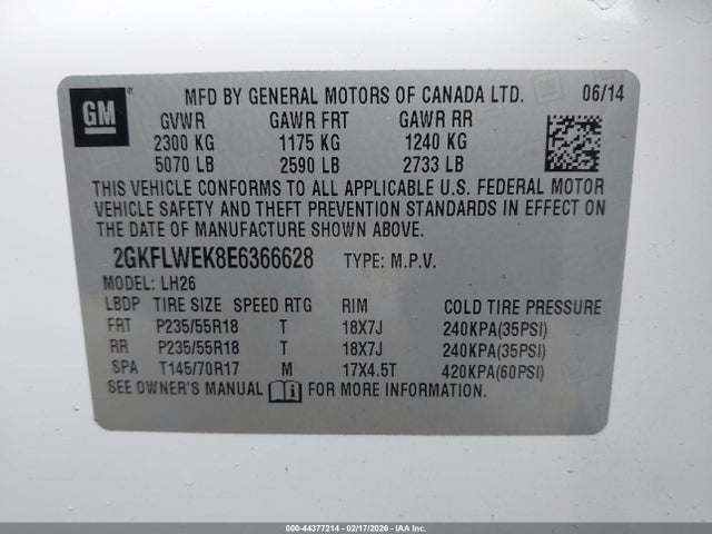 44377214 :رقم المزاد ، 2GKFLWEK8E6366628 vin ، 2014 Gmc Terrain Sle-2 مزاد بيع