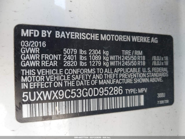 Aukcja sprzedaży 2016 Bmw X3 Xdrive28i, vin: 5UXWX9C53G0D95286, numer aukcji: 44377334
