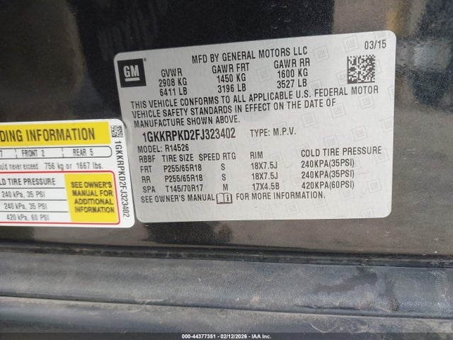 44377351 :رقم المزاد ، 1GKKRPKD2FJ323402 vin ، 2015 Gmc Acadia Sle-2 مزاد بيع