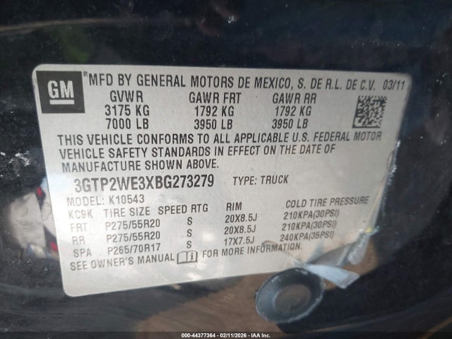 Aukcja sprzedaży 2011 Gmc Sierra 1500 Slt, vin: 3GTP2WE3XBG273279, numer aukcji: 44377364