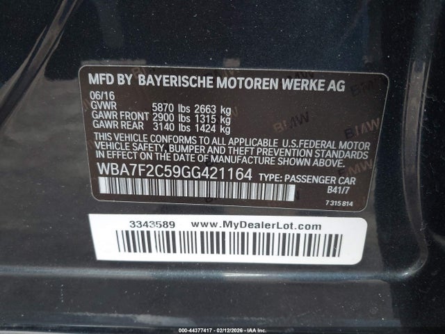 Aukcja sprzedaży 2016 Bmw 750i Xdrive, vin: WBA7F2C59GG421164, numer aukcji: 44377417