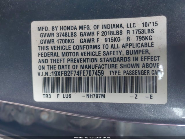 2015 HONDA CIVIC 19XFB2F74FE707459 Photo 8