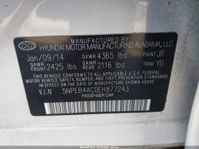 Auction sale of the 2014 Hyundai Sonata Gls, vin: 5NPEB4AC0EH877243, lot number: 44377512