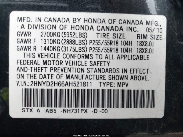 44377516 :رقم المزاد ، 2HNYD2H66AH521811 vin ، 2010 Acura Mdx Technology Package مزاد بيع