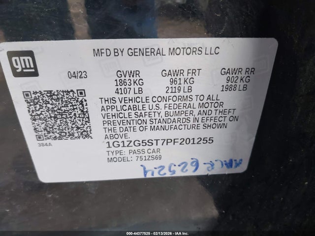 Продаж на аукціоні авто 2023 Chevrolet Malibu Fwd Rs, vin: 1G1ZG5ST7PF201255, номер лоту: 44377525