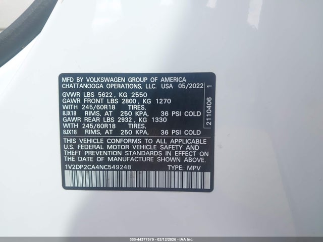 Продаж на аукціоні авто 2022 Volkswagen Atlas 2.0t Se, vin: 1V2DP2CA4NC549248, номер лоту: 44377579