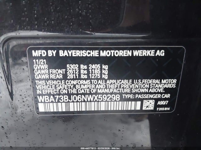 2022 Bmw 540 I Xdrive მანქანა იყიდება აუქციონზე, vin: WBA73BJ06NWX59298, აუქციონის ნომერი: 44377613