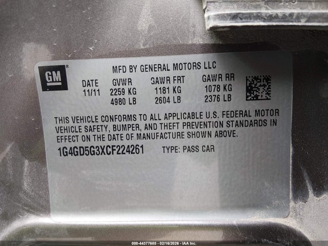 2012 Buick Lacrosse Premium 1 Group მანქანა იყიდება აუქციონზე, vin: 1G4GD5G3XCF224261, აუქციონის ნომერი: 44377685